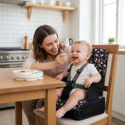 Bébé assis dans un rehausseur chaise pliable motif animaux pastel, installé sur une chaise en bois, utilisé comme siège repas bébé pratique à la maison.