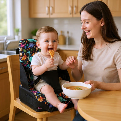 Rehausseur chaise pliable avec imprimé dinosaures colorés, bébé assis en toute sécurité pour le repas, chaise rehausseur bébé adaptée dès 6 mois.