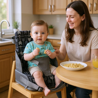 Rehausseur chaise pliable motif flèches noir et gris, harnais 3 points sécurisé, idéal comme rehausseur de table pour bébé jusqu’à 4 ans.