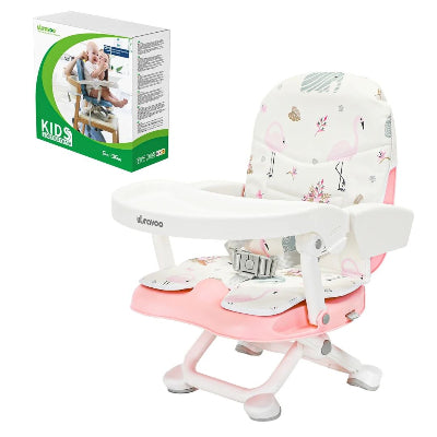 Rehausseur chaise bébé pliable motif flamants roses avec tablette amovible et sangles de fixation sécurisées, idéal comme chaise bébé de voyage et siège nomade.