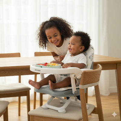 Bébé confortablement installé dans un rehausseur chaise pliable gris avec plateau repas, partageant un moment complice avec sa grande sœur, idéal comme chaise bébé de voyage et rehausseur de table enfant sécurisé.
