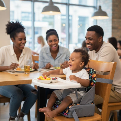 Bébé installé dans un rehausseur chaise pliable au restaurant, riant avec ses parents, chaise nomade pratique comme rehausseur de table pour bébé.