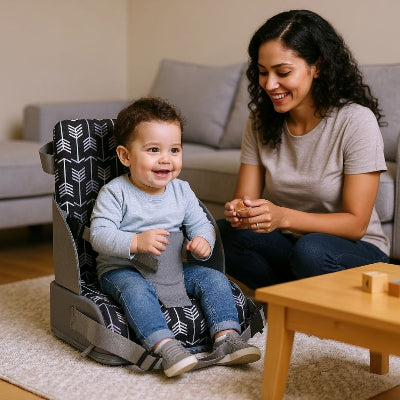 Bébé installé dans un rehausseur chaise pliable gris motif flèches, utilisé comme siège repas bébé dans le salon, parfait comme chaise nomade.