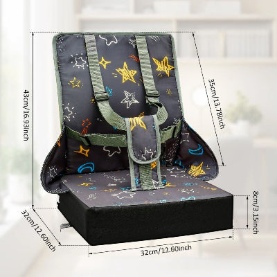 Dimensions détaillées du coussin réhausseur de chaise bébé, assise 32 cm, dossier 43 cm, conçu comme coussin surélevateur stable pour table à manger.