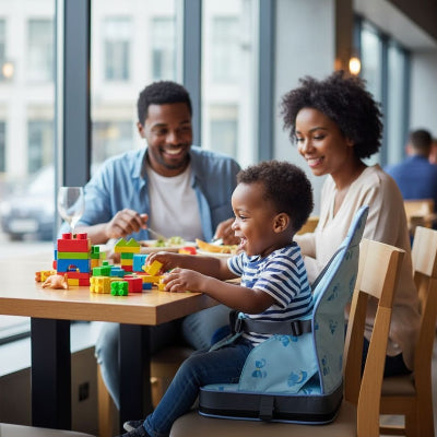 Bébé assis sur un coussin rehausseur pour chaise bleu, installé au restaurant, jouant avec des blocs pendant que ses parents profitent du repas.