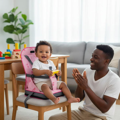 Bébé assis sur un rehausseur pour chaise rose, jouant avec des blocs de construction sous la surveillance de son papa, confort et sécurité assurés.