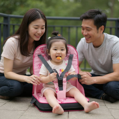 Bébé assis confortablement sur un coussin rehausseur chaise enfant rose, sécurisé par un harnais, partageant un moment de pique-nique avec ses parents en extérieur.