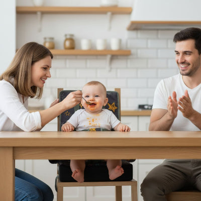 Bébé installé sur un rehausseur de chaise bébé avec coussin réhausseur coloré, mangeant avec ses parents autour de la table de cuisine.