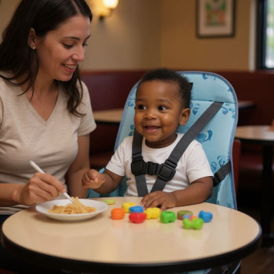 Coussin rehausseur de chaise bébé bleu avec harnais de sécurité 5 points, utilisé dans un restaurant pour que l’enfant participe au repas à table, pratique comme rehausseur table à manger compact et nomade.