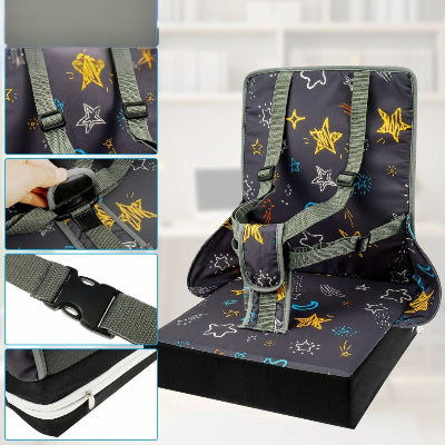 Gros plan sur les sangles réglables et fermetures du coussin réhausseur enfant, sécurité renforcée pour chaise bébé table.