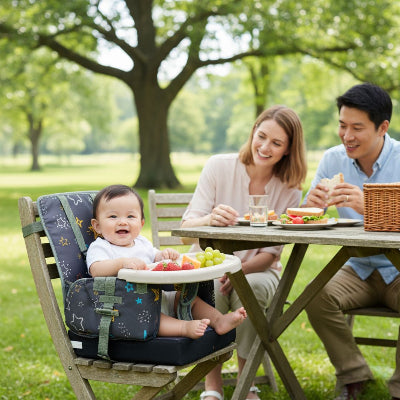 Bébé assis sur un coussin réhausseur enfant utilisé en extérieur, repas en famille sur table de jardin avec fruits frais.