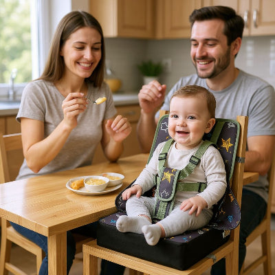 Coussin réhausseur chaise enfant sécurisé avec harnais, bébé assis confortablement à table pendant le repas familial.