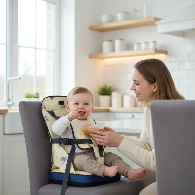 Coussin rehausseur chaise enfant jaune installé sur une chaise haute dans une cuisine moderne, bébé mangeant avec sa maman, parfait comme rehausseur table à manger confortable et facile à nettoyer.
