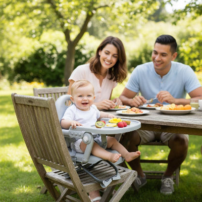 Réhausseur de chaise bébé gris utilisé en extérieur lors d’un repas en famille au jardin, chaise bébé nomade pour pique-nique et voyages.