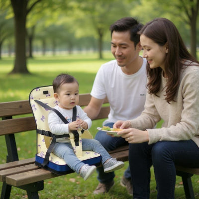 Coussin rehausseur pour chaise beige utilisé en extérieur, fixé sur un banc de parc, avec un bébé en sécurité grâce au harnais 5 points.