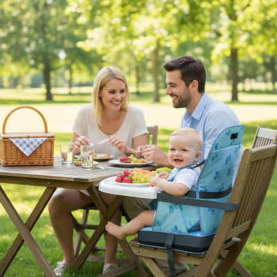 Coussin rehausseur de chaise bébé bleu fixé sur une chaise de jardin, utilisé lors d’un pique-nique en famille, bébé installé confortablement à table.