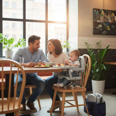 Réhausseur de chaise bébé gris installé sur une chaise en bois dans un restaurant, chaise bébé nomade idéale pour les repas en extérieur.
