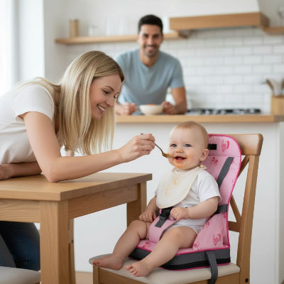 Coussin réhausseur installé sur une chaise pour bébé table, avec un bébé attaché en sécurité et nourri par sa maman pendant un repas en cuisine.