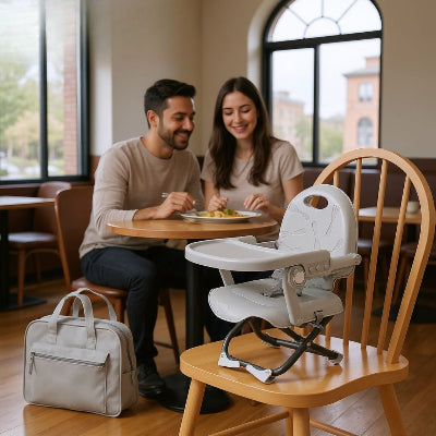 Bébé assis dans un réhausseur de chaise enfant avec harnais de sécurité, pieds antidérapants et ceintures doubles pour un repas sécurisé.