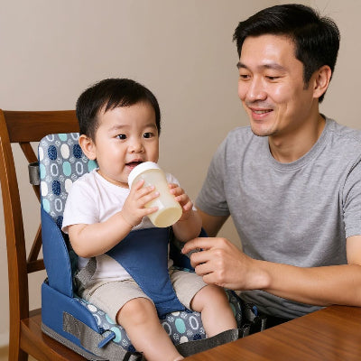 Rehausseur de chaise pour bébé bleu marine avec motifs losanges blancs, siège rehausseur bébé réglable pour repas sécurisés.