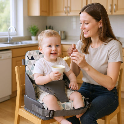 Rehausseur de chaise pour bébé gris motif géométrique, installé sur une chaise en bois, harnais de sécurité 3 points pour un repas sécurisé à table.