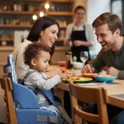 Rehausseur de chaise pour bébé gris clair, dossier imprimé moderne, harnais ajustable pour transformer une chaise classique en chaise bébé sur table.