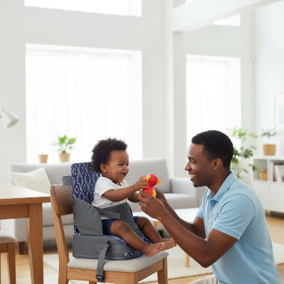 Bébé assis dans un rehausseur de chaise pour bébé motif triangles, souriant avec sa maman, chaise nomade pratique pour les repas familiaux.