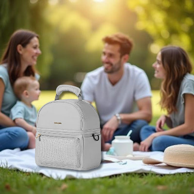 ScÚne de pique-nique familial en plein air avec le sac isotherme Bebe, compagnon idéal pour transporter lait maternel et repas de bébé.