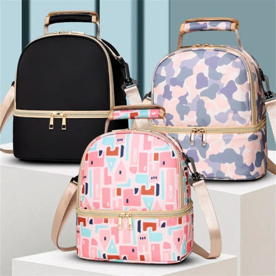 Trois sacs isothermes Bebe alignés en noir, camouflage pastel et imprimé géométrique, illustrant les différentes options de styles et usages