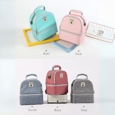 Gamme de sacs isothermes Bebe disponibles en menthe, rose, denim, gris et rose, conçus pour faciliter le transport du lait maternel ou des repas.
