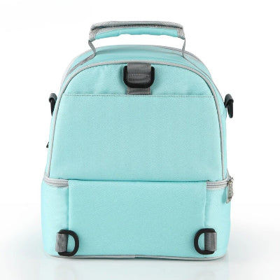 Vue arrière du sac isotherme Bebe menthe avec sangles réglables, crochets de portage et design ergonomique pour un confort optimal.