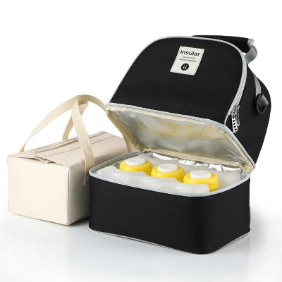 sac isotherme Bebe noir avec doublure aluminium, 3 pots de lait maternel et sac intérieur inclus