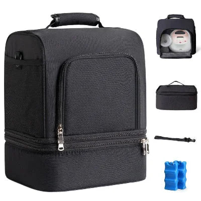 sac isotherme bébé noir avec ensemble complet : compartiments amovibles, blocs réfrigérants, espace pour tire-lait, idéal pour les mamans nomades et organisées