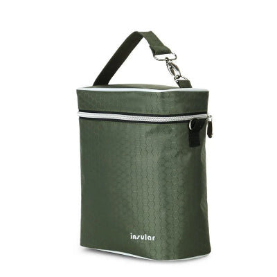 Sac isotherme Bebe vert olive avec isolation thermique renforcée, poignée avec mousqueton et doublure adaptée au transport de lait ou petits pots.