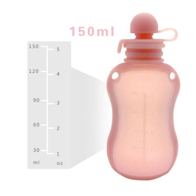 Sachet conservation lait maternel rose avec capacité 150 ml, doté d’une graduation précise en ml et oz pour un dosage facile.