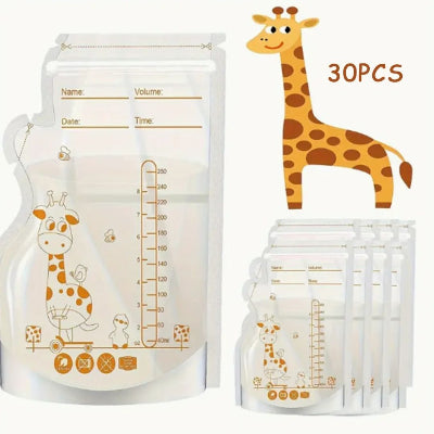 30 sachets conservation lait maternel à motif girafe avec graduation précise, fermeture hermétique et zone d’écriture visible.