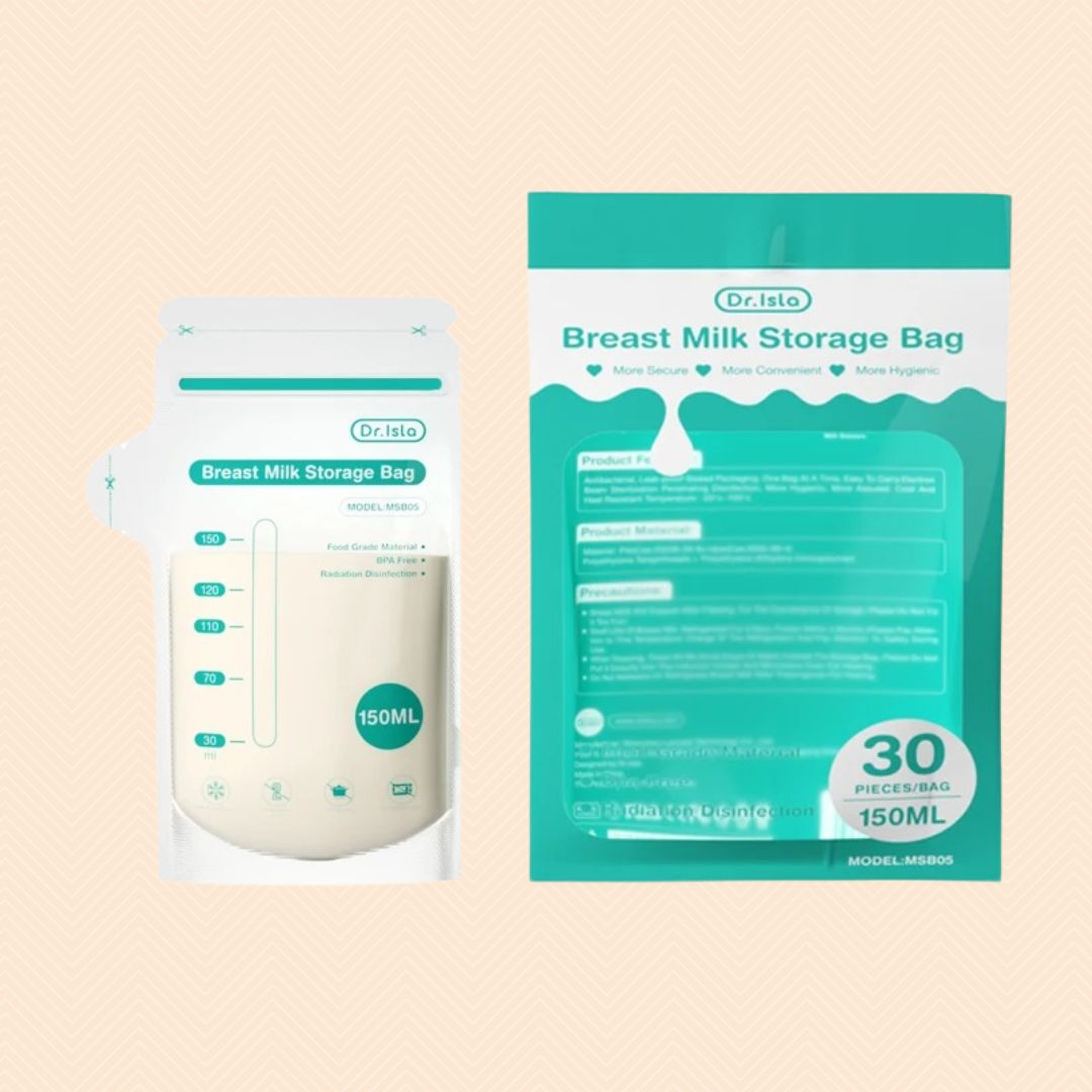 Lot de 30 sachets conservation lait maternel Dr.Isla, format pratique de 150 ml pour congélation et réfrigération quotidienne.