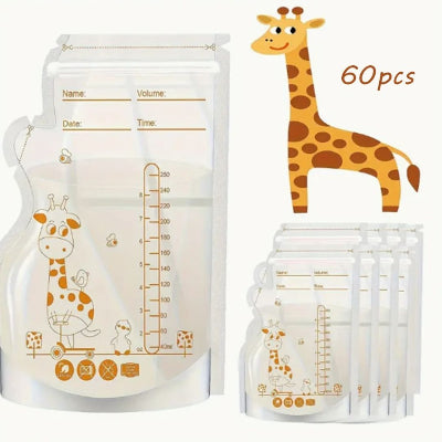 Lot de 60 sachets conservation lait maternel motif girafe, avec fermeture double zip et marquage pour date et volume, pratique et sécurisé