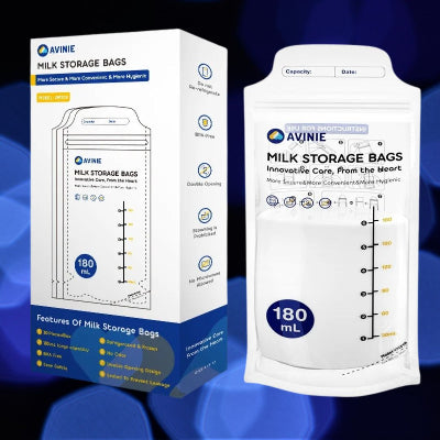 Coffret AVINIE™ contenant 30 sachets conservation lait maternel 180 ml, sans BPA, avec instructions d’usage et double ouverture visible.