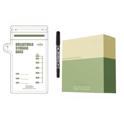 Présentation du sachet conservation lait maternel et de sa boîte de rangement avec un stylo marqueur inclus pour inscription rapide.