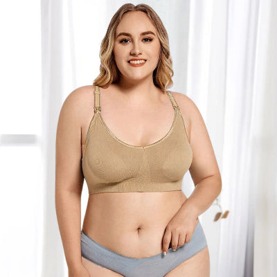 Vue avant du soutien-gorge dâallaitement grande taille beige, galbant et sans armature.