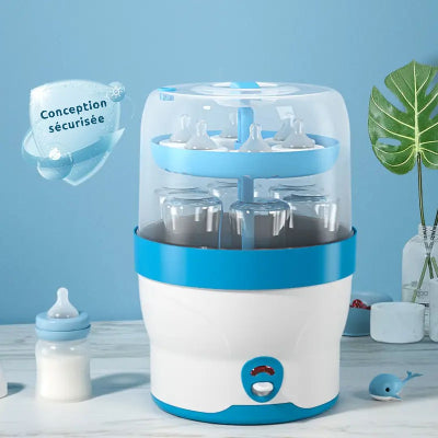 Stérilisateur biberon avec conception sécurisée, idéal pour les jeunes parents soucieux de l’hygiène et de la sécurité de bébé.