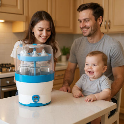 Maman souriante utilisant un stérilisateur biberon électrique blanc et bleu dans sa cuisine, ambiance chaleureuse et moderne.