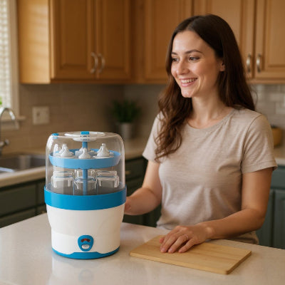 Jeune famille heureuse avec leur bébé devant un stérilisateur biberon électrique, posée sur un plan de travail de cuisine moderne.