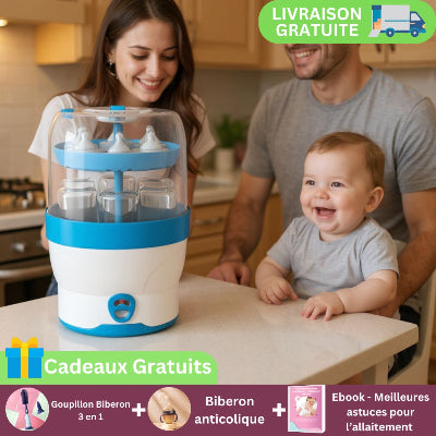 Jeune famille souriante avec bébé autour d’un stérilisateur biberon électrique bleu et blanc. Offres cadeaux incluses : goupillon biberon 3-en-1, biberon anti-colique et ebook allaitement. Livraison gratuite disponible.