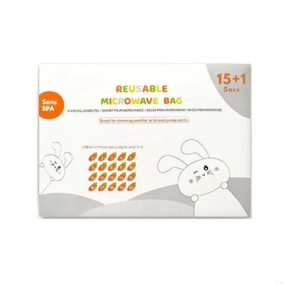 Emballage du stérilisateur biberon micro-ondes avec 15 sachets réutilisables sans BPA, idéal pour désinfecter les accessoires de puériculture.