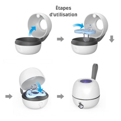 Stérilisateur tétine TétinePure™ blanc, demonstration des etapes d'utilisation