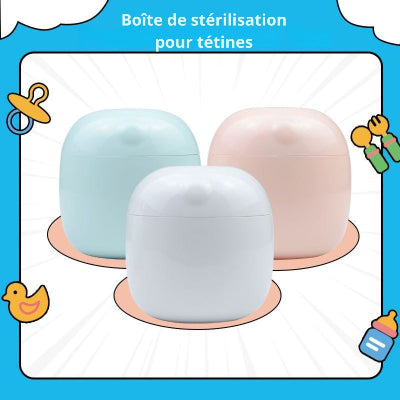 stérilisateur tétine compact à lumière LED UV-C, blanc, présenté en vue de dessus, fermé et prêt à l’usage.