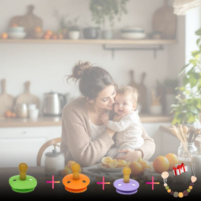 Lot de sucettes pour bébé coloris orange, vert et violet en caoutchouc naturel, utilisées au quotidien à la maison pour calmer et apaiser bébé.