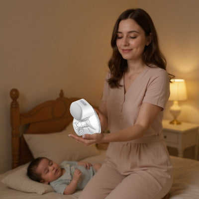 Jeune maman en pyjama utilisant le tire-lait électrique DouceTétée™ tout en veillant sur son bébé endormi, dans une chambre calme et éclairée, montrant l’aspect mains libres et silencieux de l'appareil.